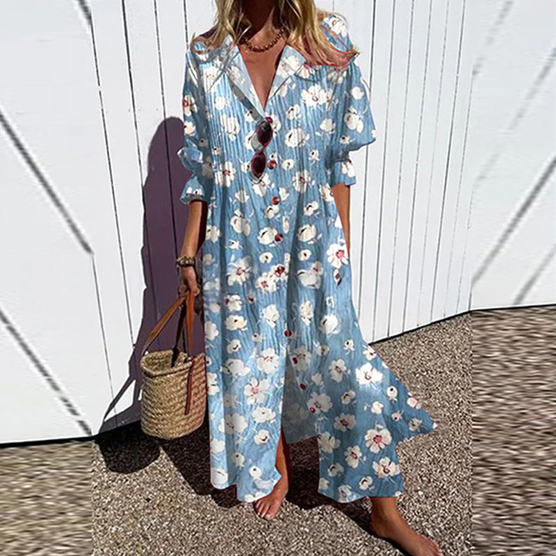 Robe Maxi Fluide pour Femmes avec Boutonnage Intégral, Décolleté en V et Imprimé Ethnique Echoarchiv