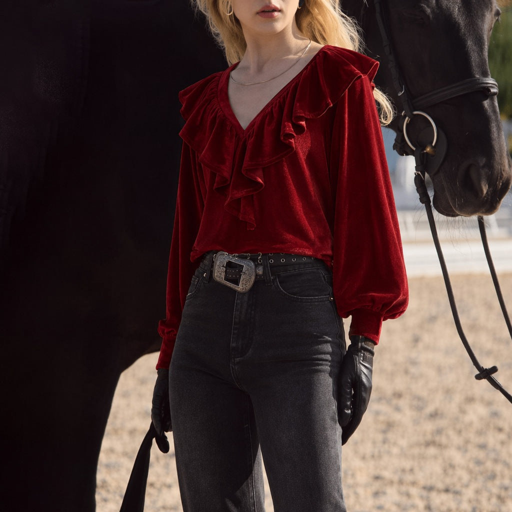Blouse à volants scintillante pour femmes avec décolleté en V, manches ballon et poignets élastiques Echo Archiv