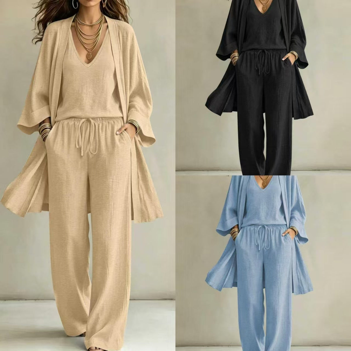 Ensemble de détente décontracté pour femmes avec cardigan kimono, t-shirt à col en V et pantalon large Echoarchiv
