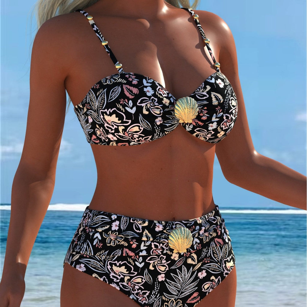 Bikini balconnet pour femmes avec taille haute et détail décoratif en coquillage R&B