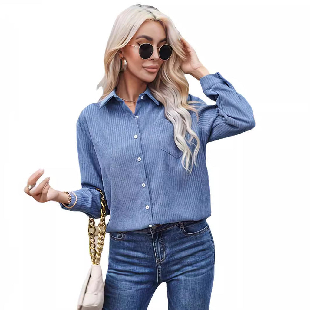 Blouse chemise à manches longues pour femmes en velours côtelé avec poche poitrine