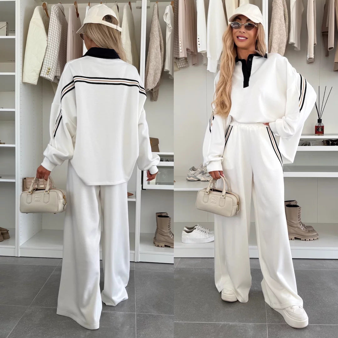 Ensemble de détente féminin à la mode avec col polo, bandes de passepoil marquantes et pantalon jogger large