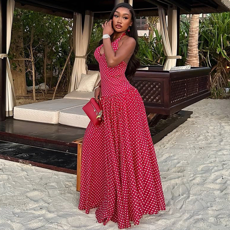 Robe longue à dos nu pour femmes avec décolleté en V profond, couture empire cintrée et jupe évasée à volants R&B