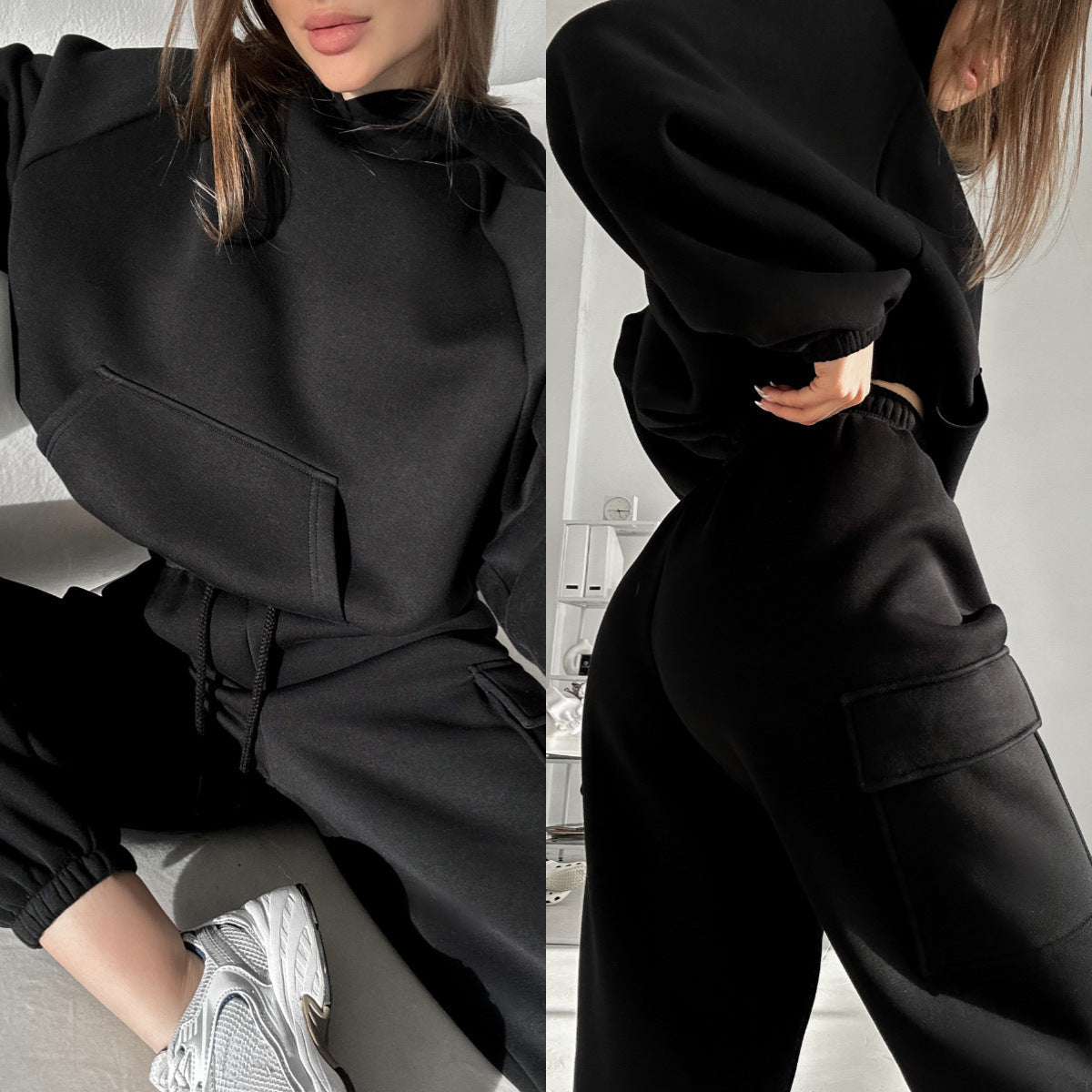 Ensemble de sweat à capuche oversize pour femmes avec poche kangourou et pantalon de jogging cargo