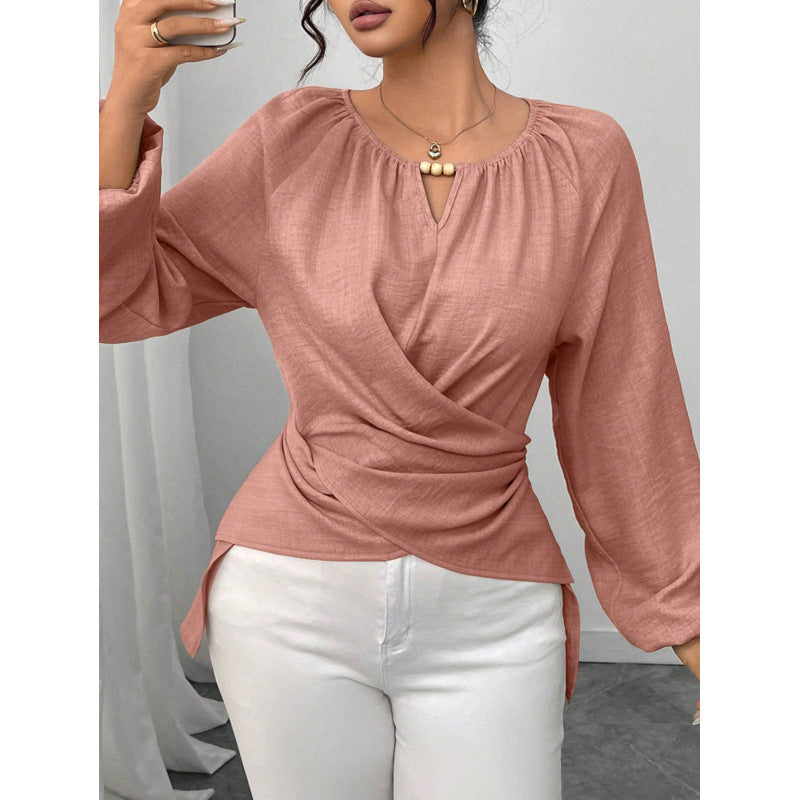 Blouse wrap cintrée pour femmes avec détail de perles et manches ballon Echoarchiv
