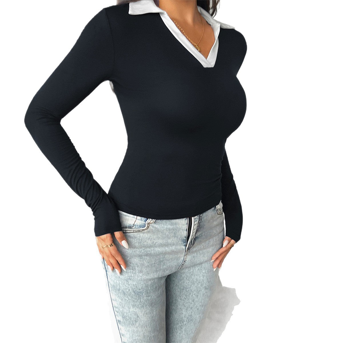 T-shirt long ajusté pour femmes avec col polo contrasté et décolleté en V profond Echo Archiv