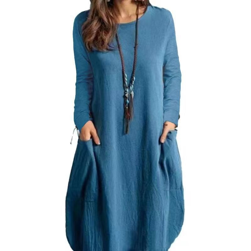 Robe longue en lin à coupe A pour femmes avec poches et col rond Echoarchiv