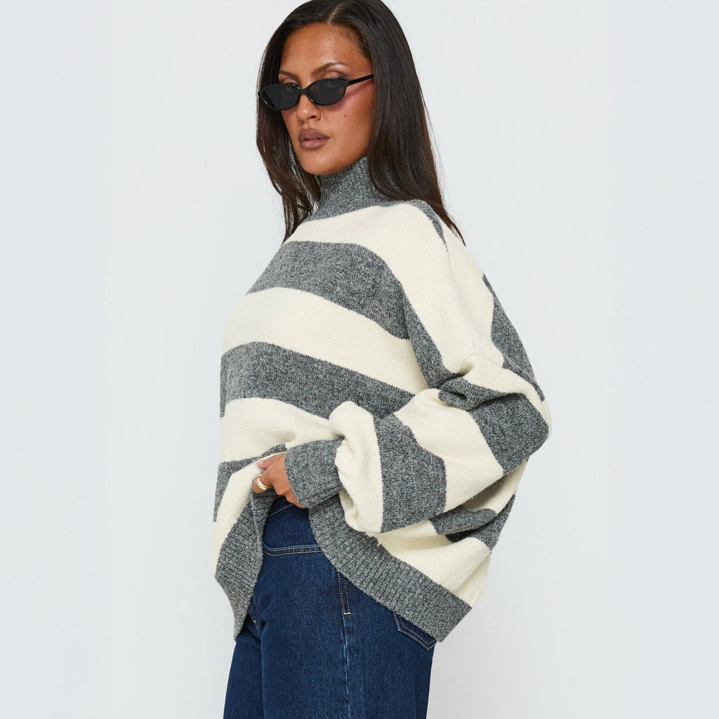 Pull oversized à rayures pour femmes avec col roulé Echoarchiv