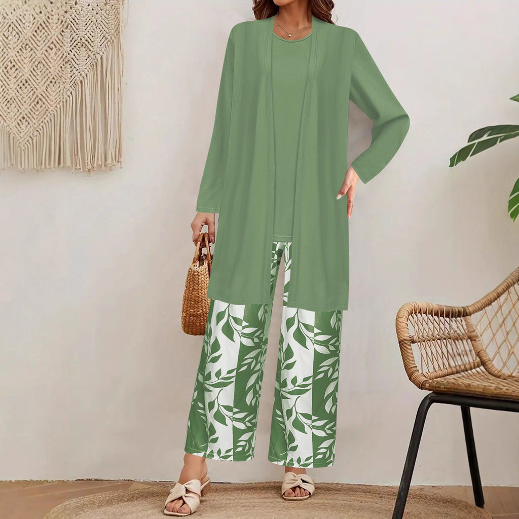 Cardigan long ouvert en maille fine pour femmes avec ourlet droit et pantalon palazzo à imprimé feuillage Set Echoarchiv