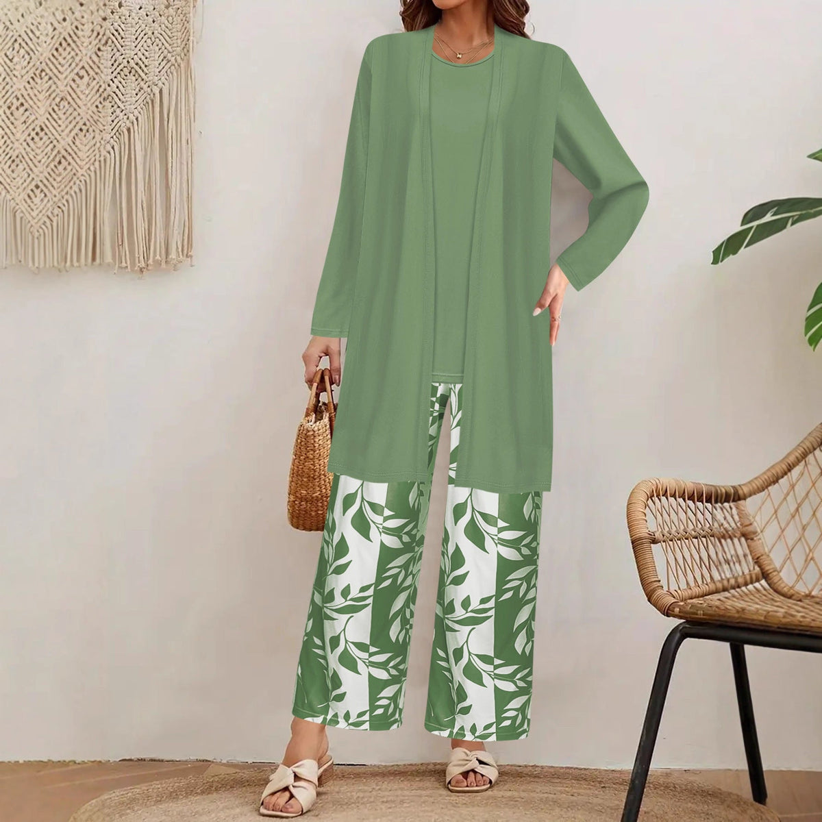 Cardigan long ouvert en maille fine pour femmes avec ourlet droit et pantalon palazzo à imprimé feuillage Set Echoarchiv