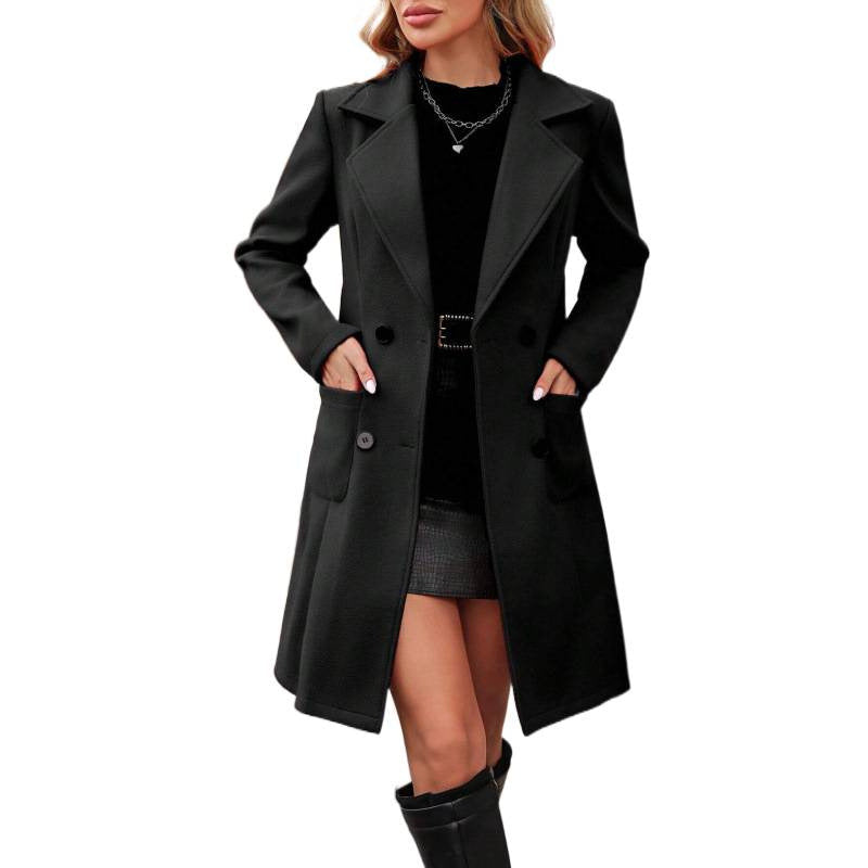 Manteau en mélange de laine pour femmes à double boutonnage avec col revers et poches plaquées Echoarchiv