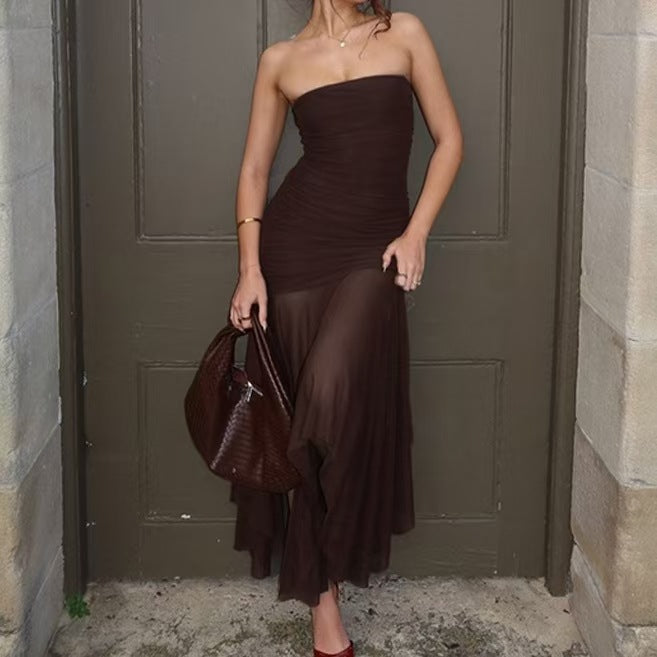 Robe maxi sans manches pour femmes avec élégante fronce et jupe transparente R&B