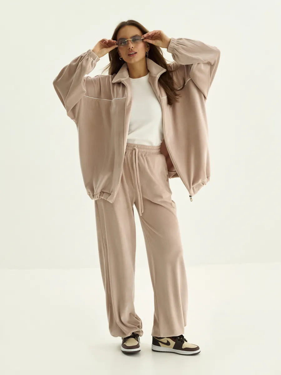 Ensemble Lounge Palazzo pour Femmes en velours doux avec col montant, coupe oversize et pantalon à taille élastique Echo Archiv