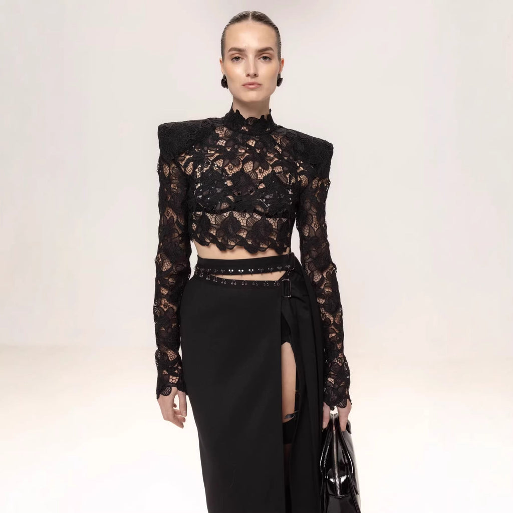 Top en dentelle élégant pour femmes avec épaulettes et manches transparentes Heidi-Mode