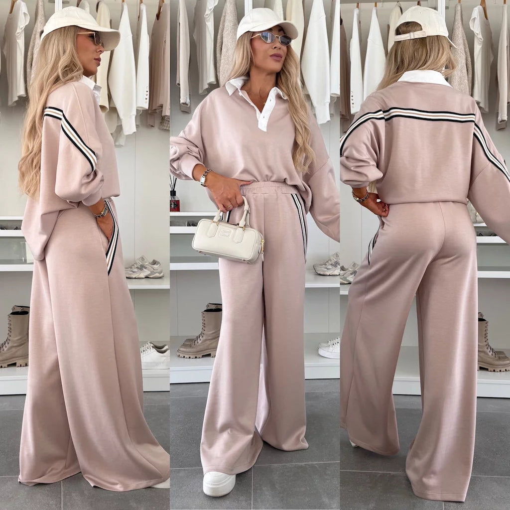 Ensemble de détente féminin à la mode avec col polo, bandes de passepoil marquantes et pantalon jogger large