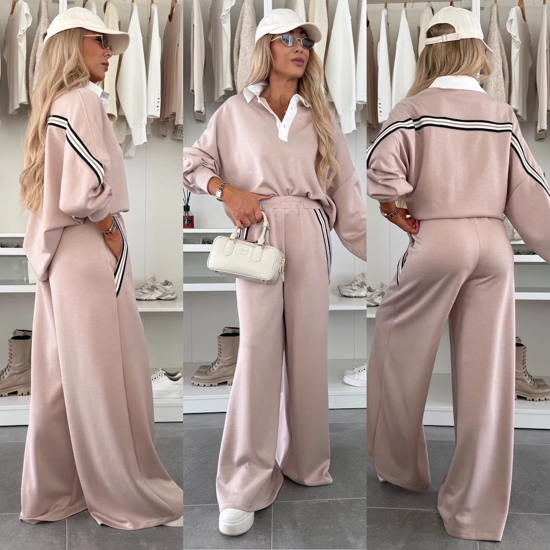 Ensemble de détente féminin à la mode avec col polo, bandes de passepoil marquantes et pantalon jogger large