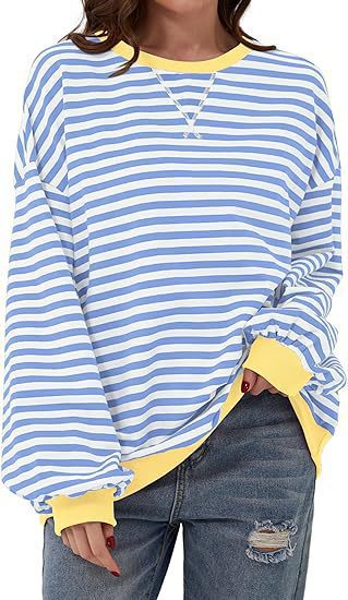 Sweat-shirt à rayures oversize décontracté pour femmes avec manches raglan et bords contrastés Echoarchiv