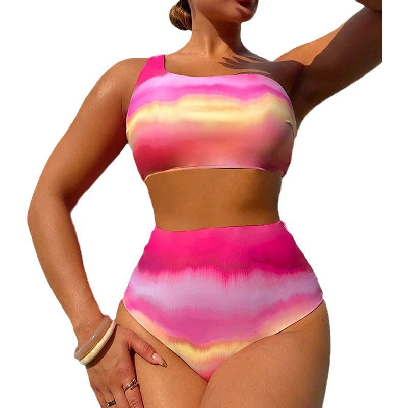 Ensemble de bikini taille haute pour femmes avec top asymétrique et dégradé de couleurs R&B