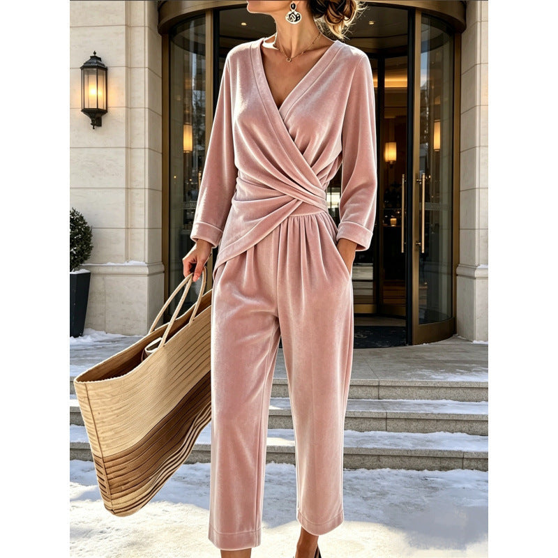 Combinaison en velours pour femmes avec haut croisé, drapé cintré et jambes larges à la cheville Echoarchiv