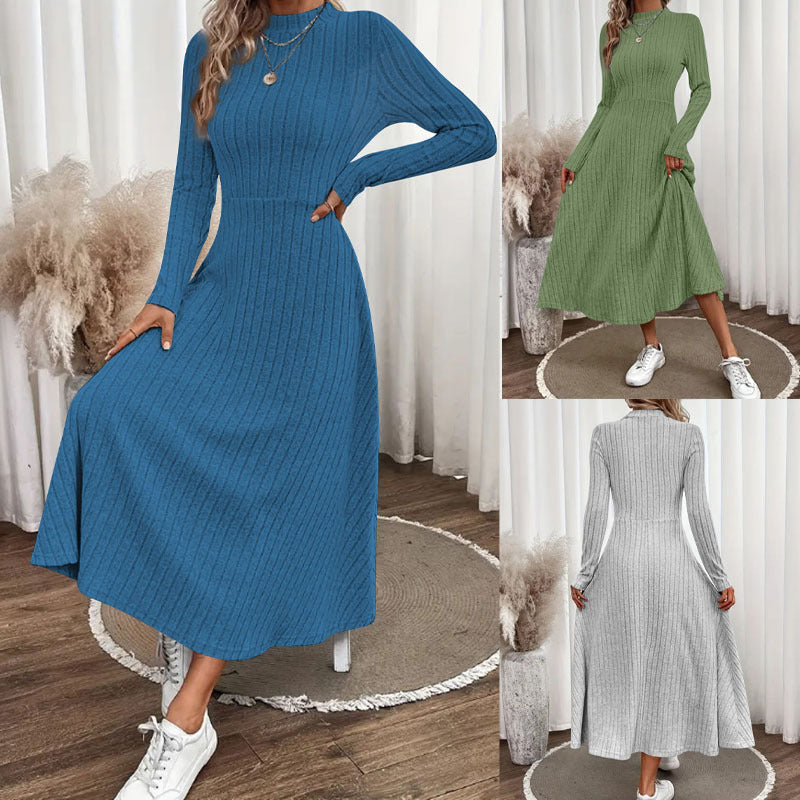 Robe midi en tricot côtelé pour femmes avec col montant et coupe A cintrée Echoarchiv