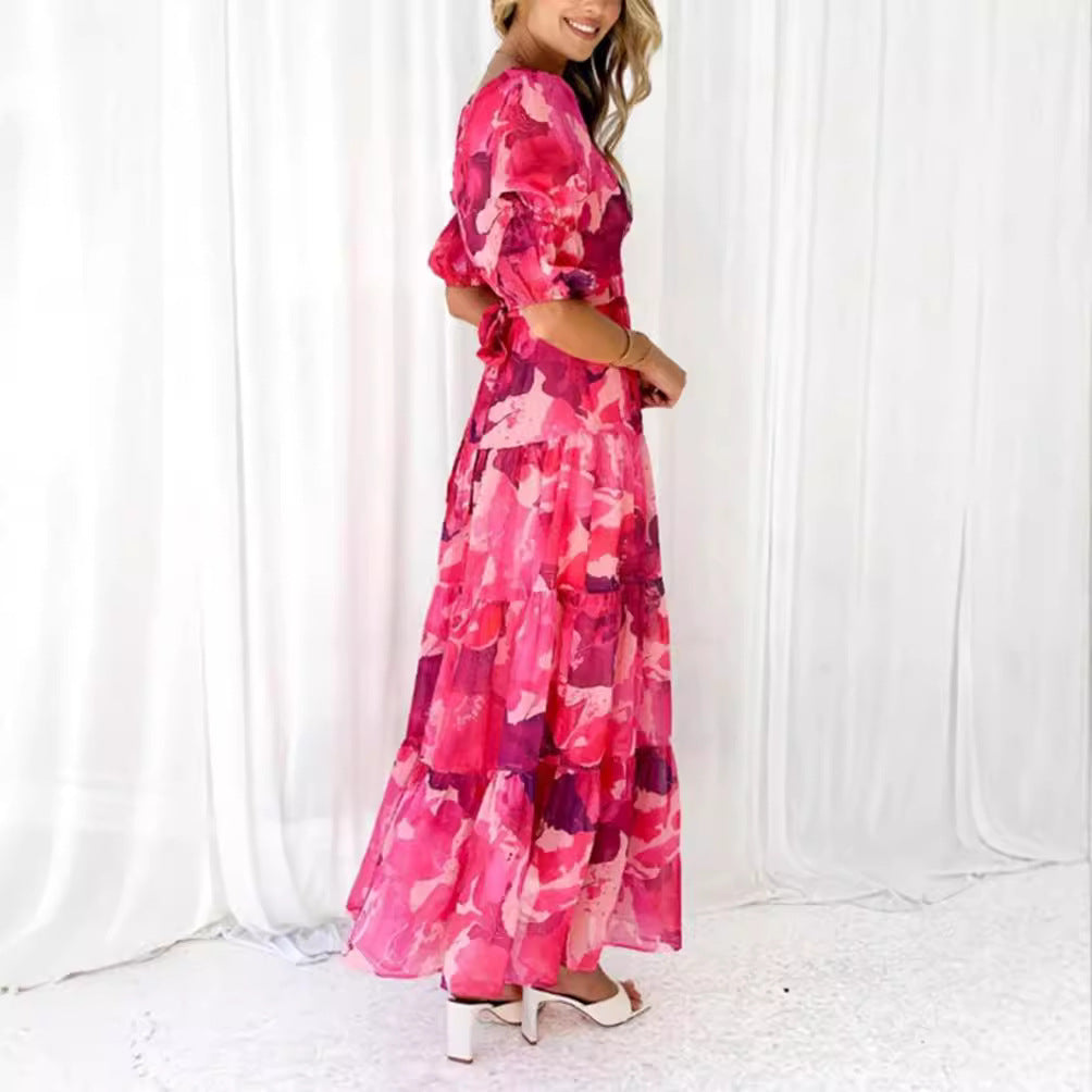 Robe maxi à volants pour femmes avec décolleté en V et taille empire froncée R&B