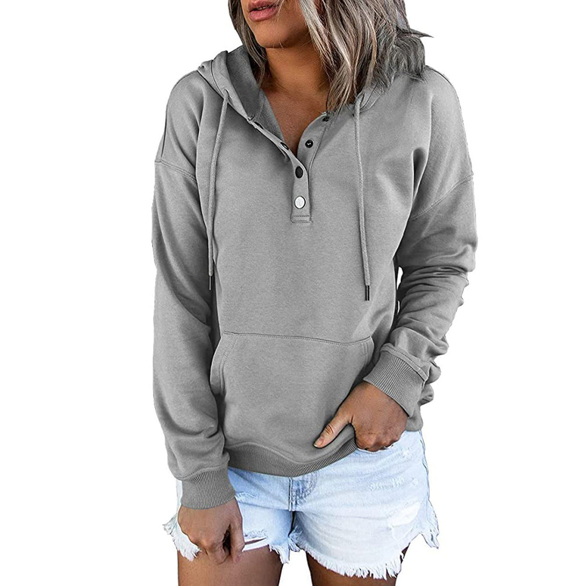 Sweat à capuche pour femmes avec patte de boutonnage Henley, poche kangourou et coupe décontractée Echoarchiv