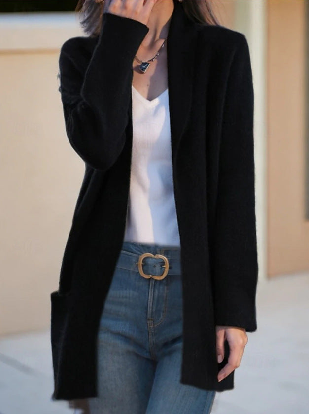 Cardigan long ouvert pour femmes en tricot doux avec poches plaquées