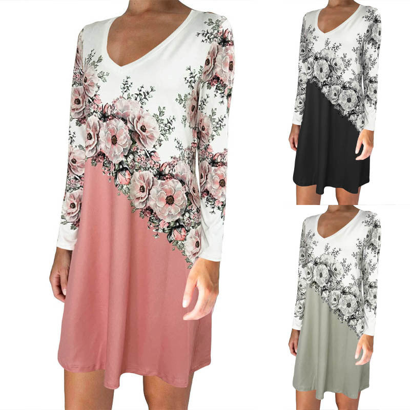 Robe courte à décolleté en V pour femmes avec bordure imprimée florale et manches longues Echoarchiv