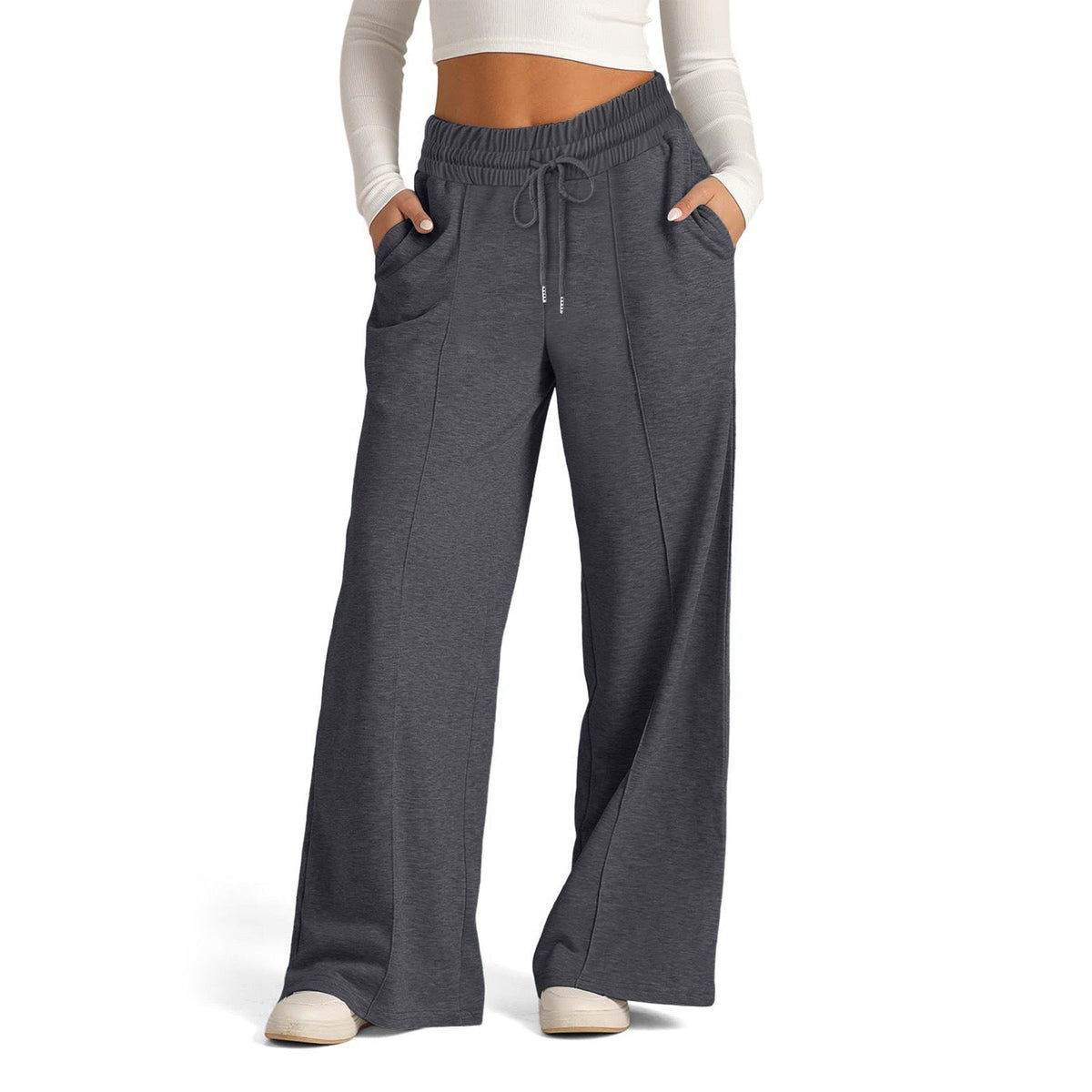 Pantalon large taille haute pour femmes avec cordon de serrage, poches latérales et couture avant Echoarchiv