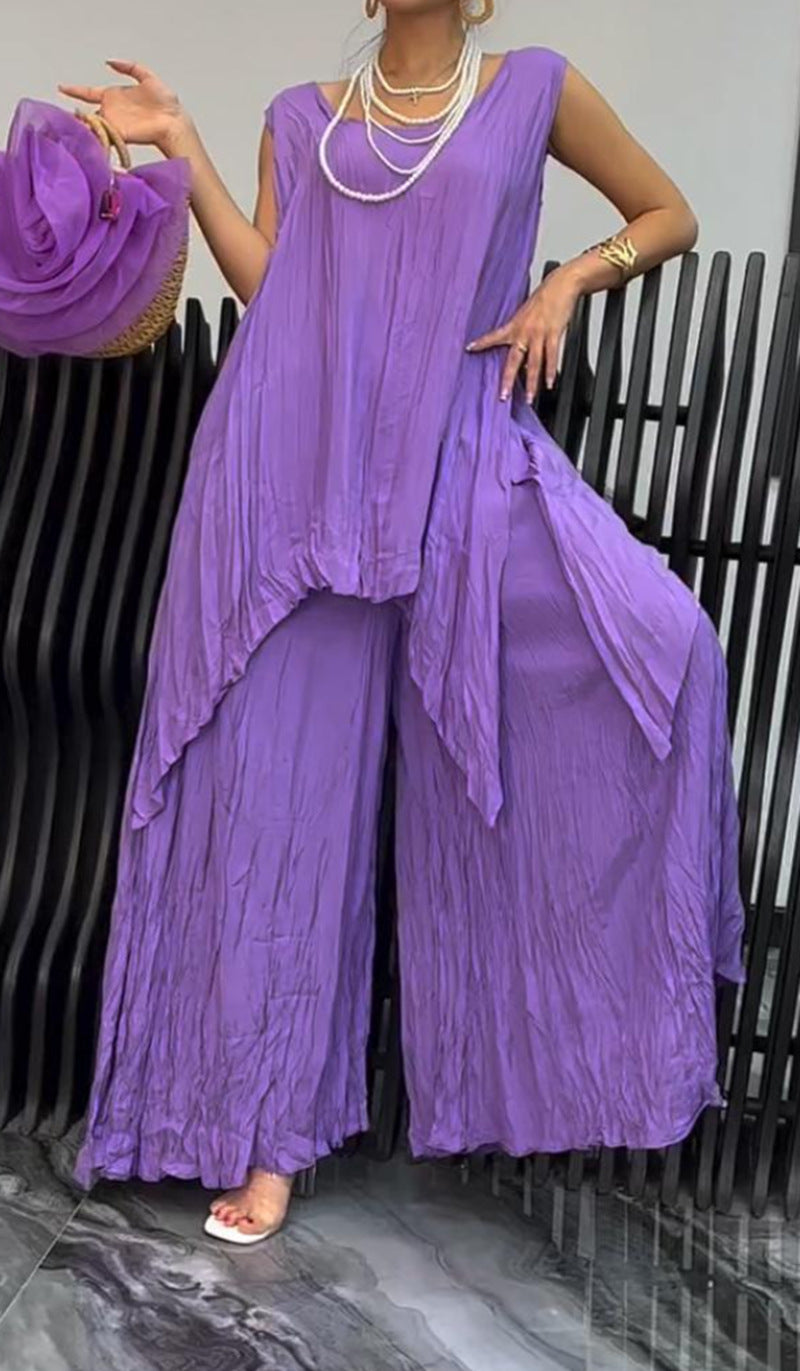 Ensemble léger à effet froissé pour femmes avec tunique sans manches et pantalon palazzo R&B