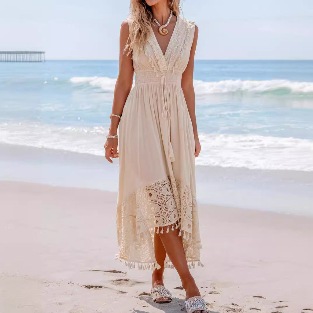 Robe maxi bohémienne pour femmes avec détails en dentelle et volants R&B