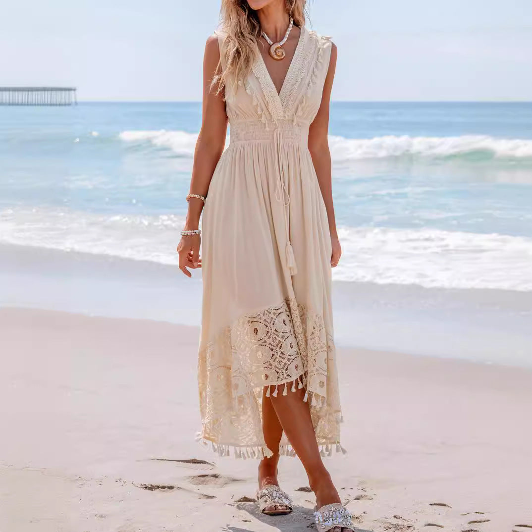 Robe maxi bohémienne pour femmes avec détails en dentelle et volants R&B