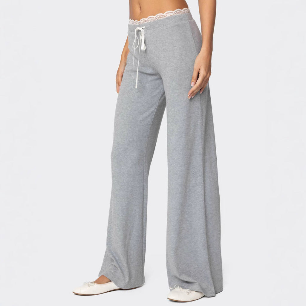 Pantalon de loisirs gris clair pour femmes avec taille élastique et finition en dentelle décorative R&B