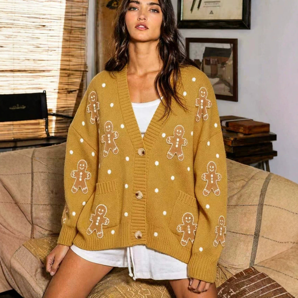 Cardigan en tricot oversized pour femmes avec broderie de pain d'épice et décolleté en V profond Echo Archiv