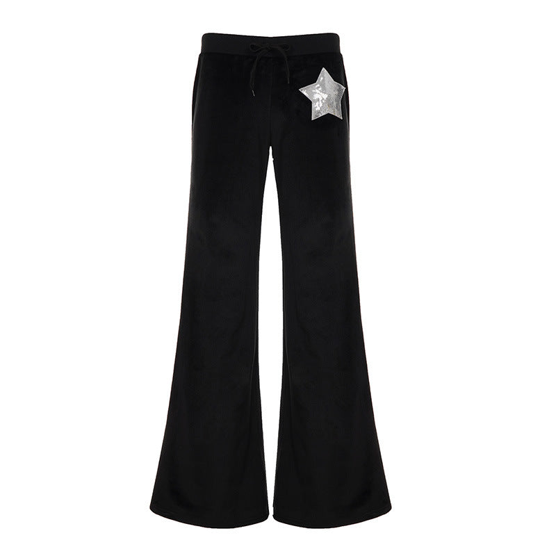 Pantalon en velours pour femmes avec jambe large, taille élastique et application étoile en sequins Echo Archiv