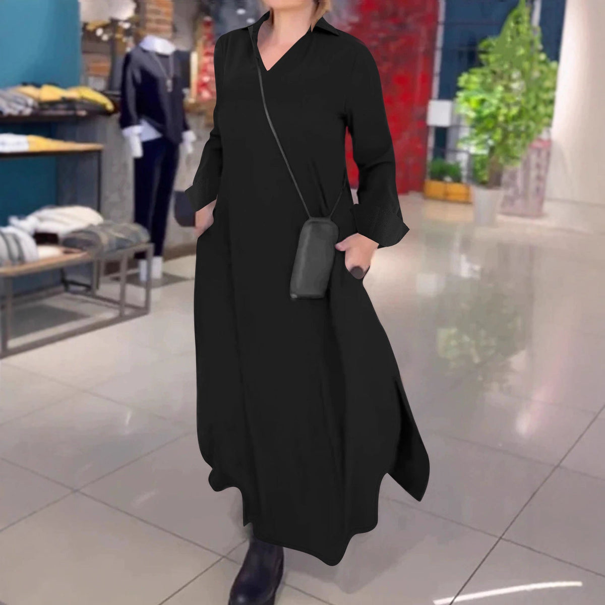 Robe maxi fluide pour femmes avec col montant en V, manches longues et poches latérales Echoarchiv