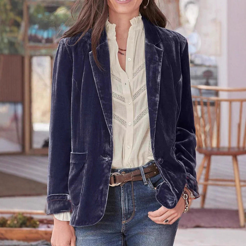 Blazer en velours pour femmes avec revers classique et tombé doux