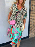 Robe midi à décolleté en V, ample, avec motif léopard et motifs tropicaux R&B