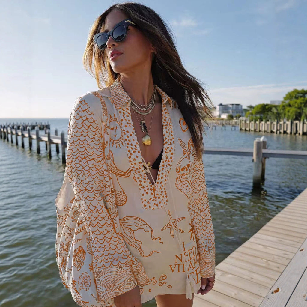 Robe de plage légère pour femmes en forme de tunique avec décolleté en V profond, fermeture à pompons et imprimé nautique R&B