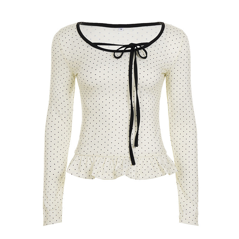 T-shirt long cintré pour femmes avec ourlet volanté, cordon de serrage et motif à pois fin Echo Archiv