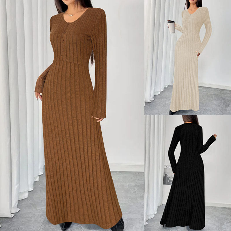 Robe maxi en tricot côtelé pour femmes avec couture à la taille et patte de boutonnage Echoarchiv