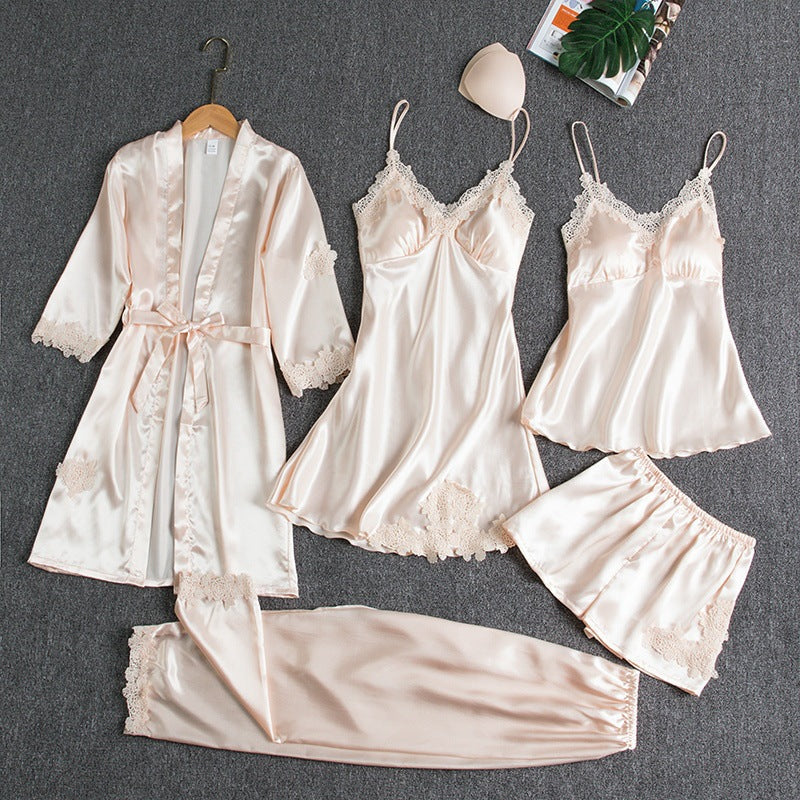 Ensemble de Pyjamas pour Femmes 5 Pièces avec Dentelle et Robe de Chambre