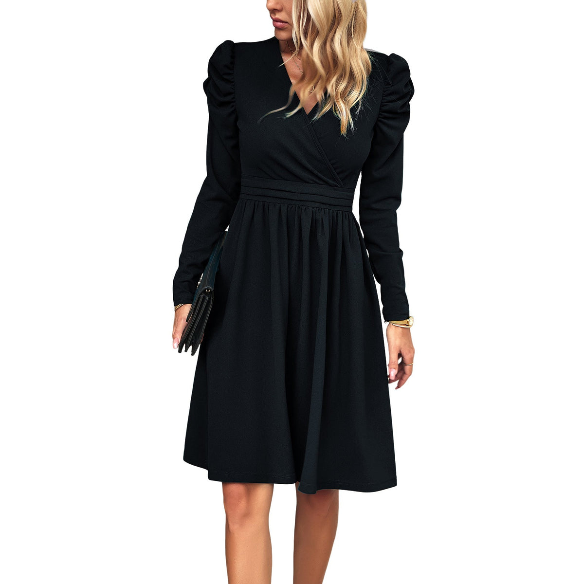 Robe midi portefeuille pour femmes avec manches bouffantes, taille marquée et jupe évasée Echo Archiv
