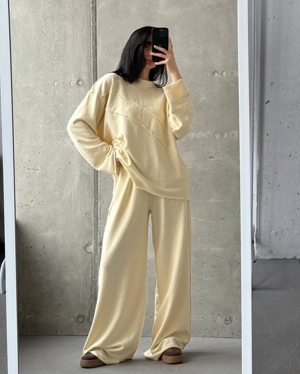 Ensemble lounge oversize doux pour femmes avec coutures décoratives diagonales et pantalon palazzo extra large Echo Archive