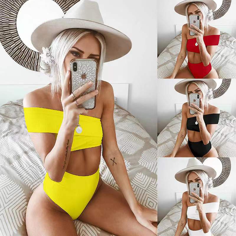 Bikini femme taille haute avec haut sans manches et matériau élastique R&B
