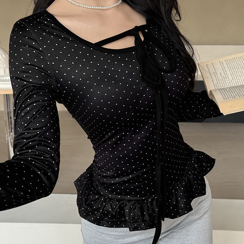 T-shirt long cintré pour femmes avec ourlet volanté, cordon de serrage et motif à pois fin Echo Archiv