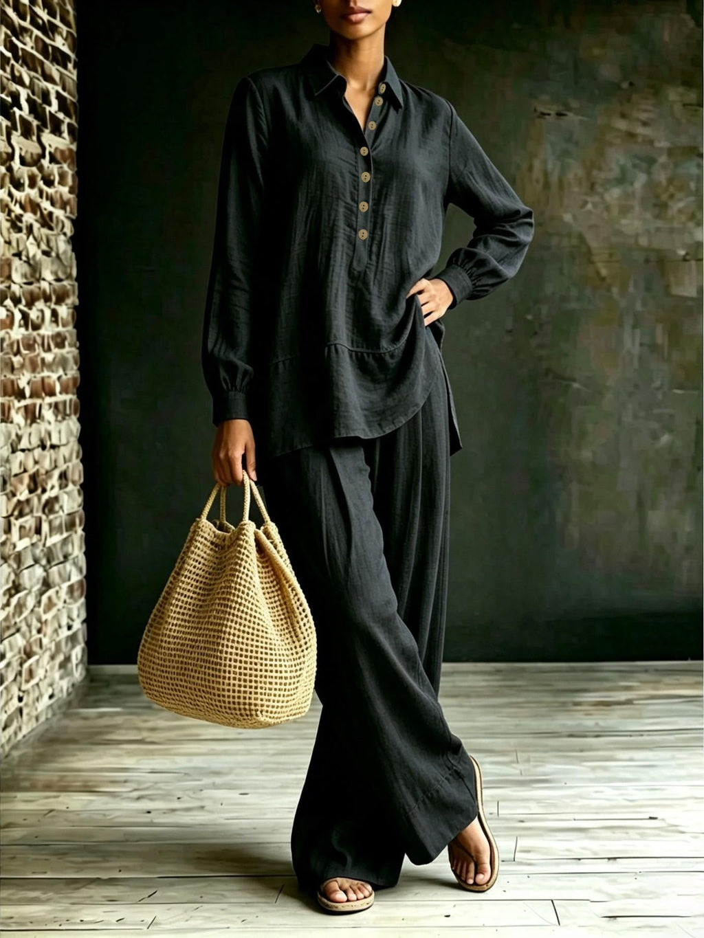 Ensemble tunique-pantalon pour femmes en aspect lin avec col chemise et coupe ample Echoarchiv
