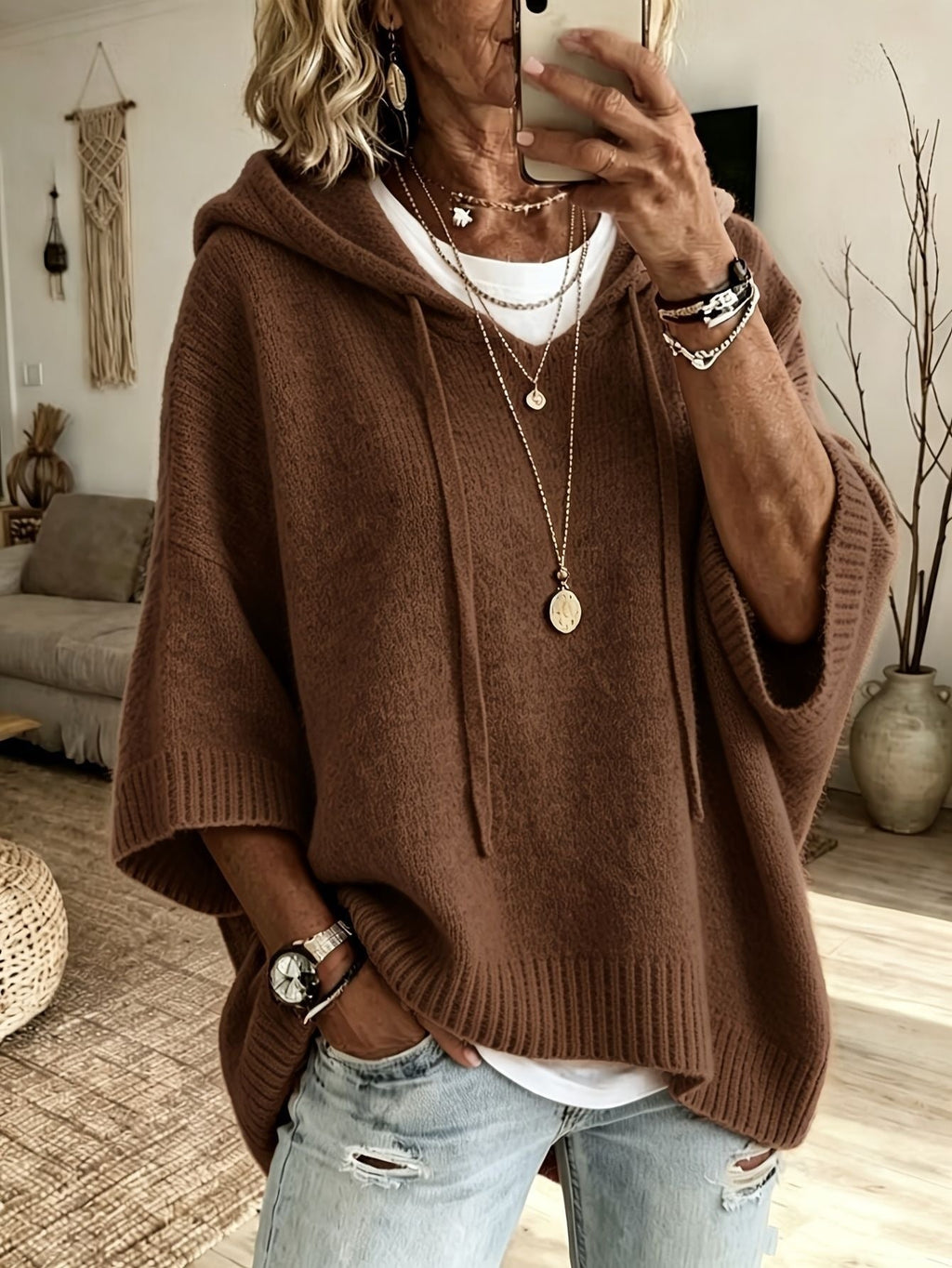 Poncho en tricot oversized avec capuche et manches courtes pour femmes Echo Archiv