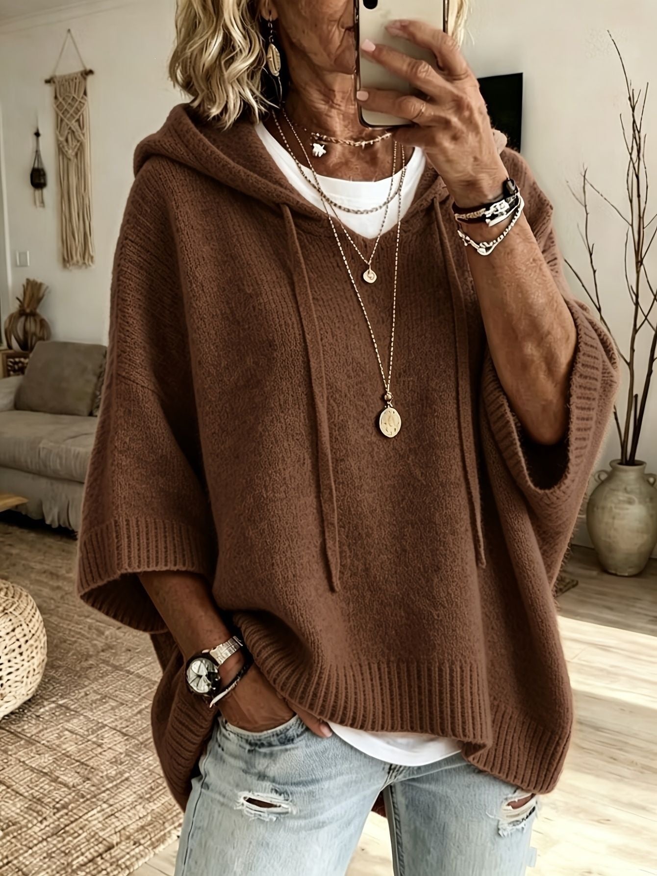 Poncho en tricot oversized avec capuche et manches courtes pour femmes Echo Archiv
