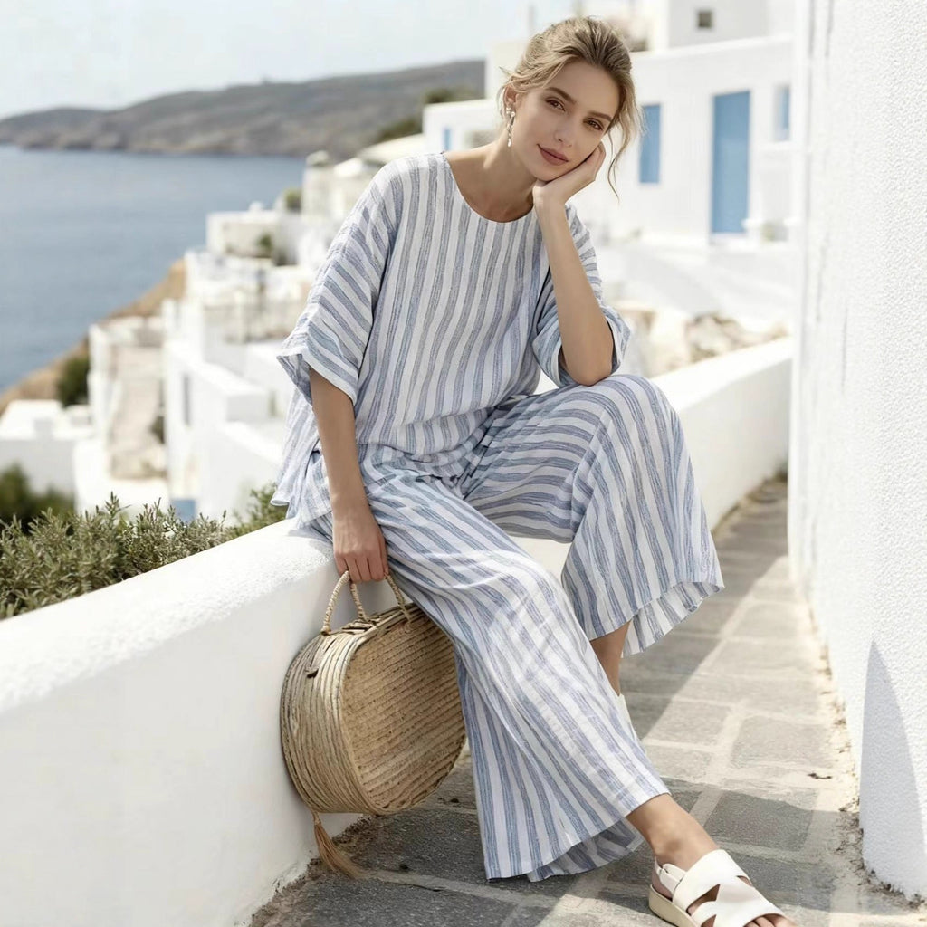 Ensemble de lounge en lin à rayures pour femmes, composé d'une blouse oversize et d'un palazzo taille haute
